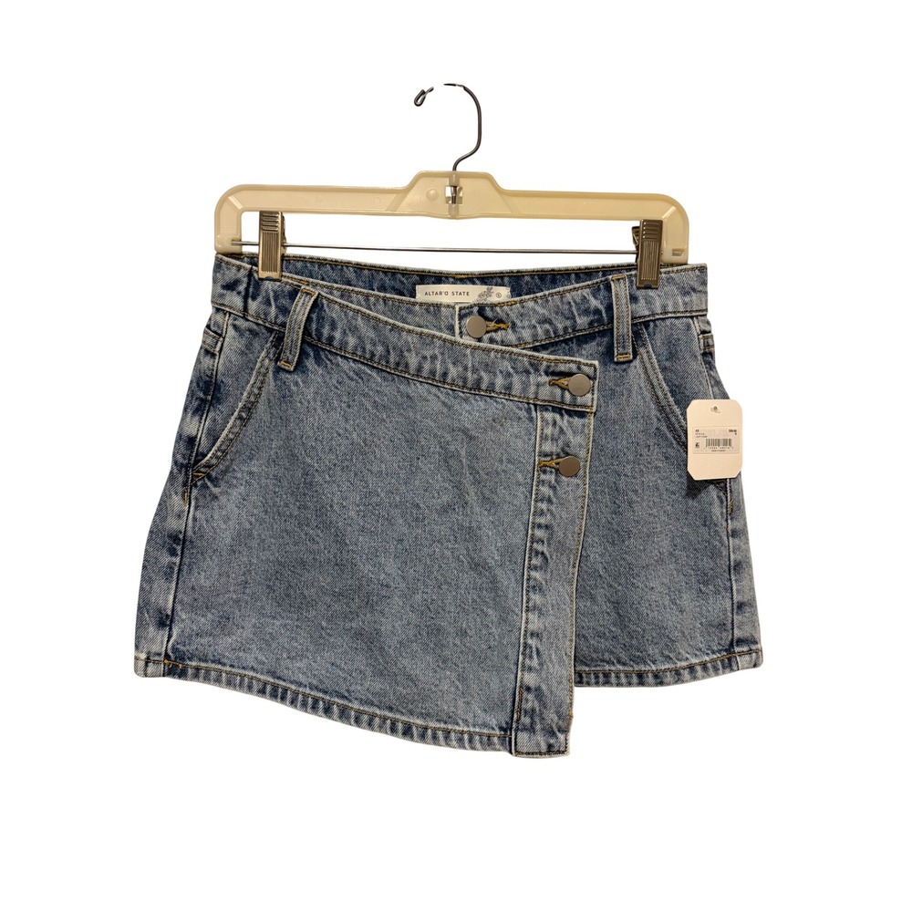 Altar'd State Womens Asymmetrical Crossover Denim Skort Light Wash Size S NEW